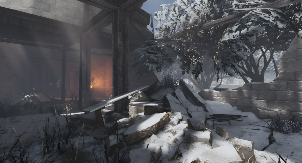 Picture of the map Highlands, showing an atmospheric building interior with a destroyed wall opening onto a snowy forest.