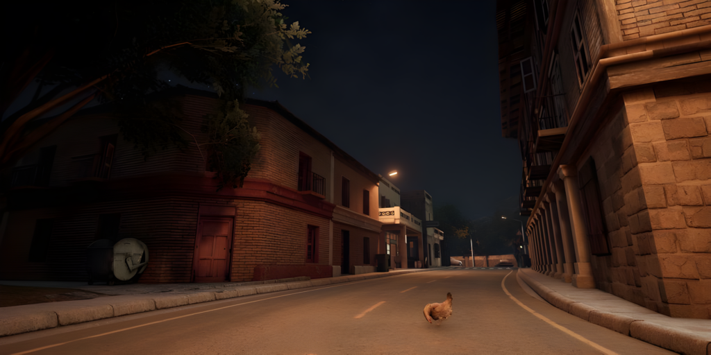 Picture of the community map TORO, showing a chicken crossing the road in the dark street of a Mexican town at night.